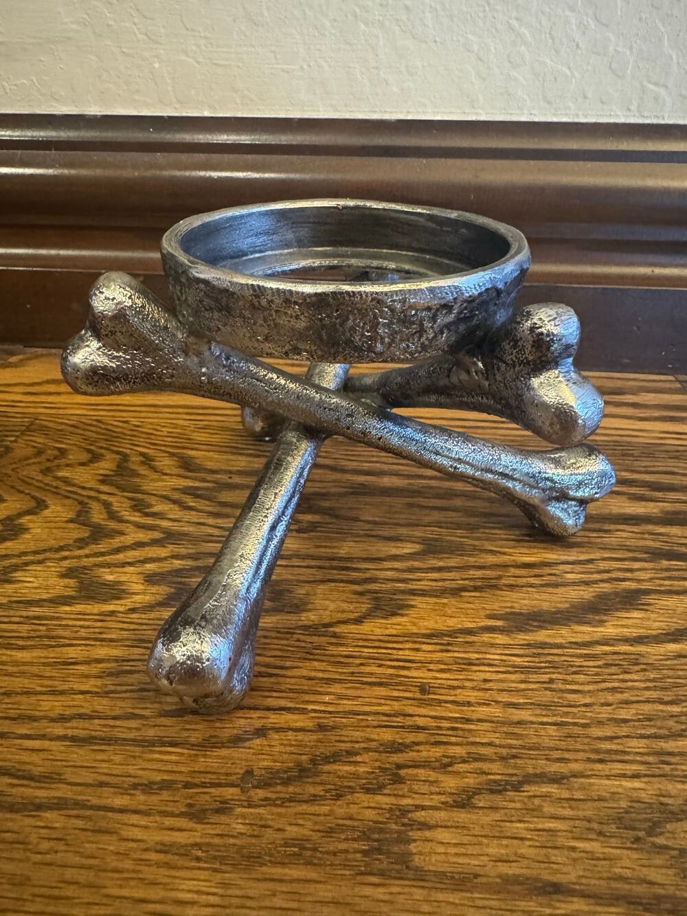 Pottery Barn Silver Metal Cross Bones Pillar Candle Holder Gothic Halloween